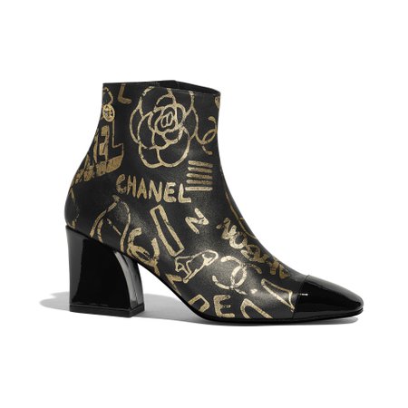 Printed Lambskin & Patent Calfskin Gold & Black Ankle Boots | CHANEL