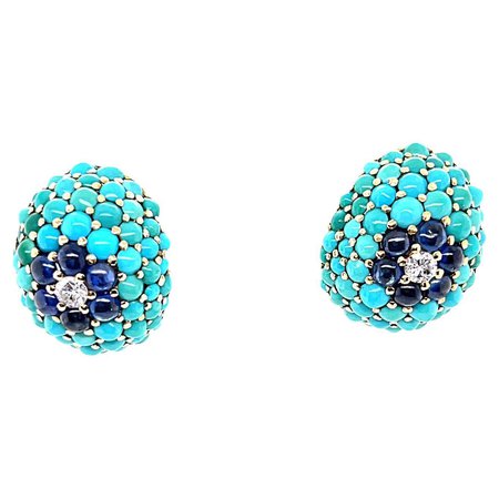 Retro 1950s Diamond Sapphire Turquoise Earrings