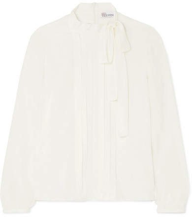 Pussy-bow Pintucked Silk Crepe De Chine Blouse - White