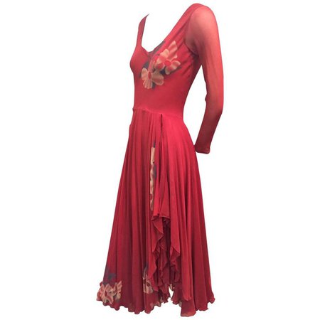 1970s Merlot Rayon Crepe Dancing Dress w/ High Slit Wrap Skirt