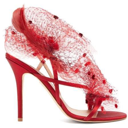 Andrea Mondin - Anne Satin, Mesh And Feather Sandals - Womens - Red