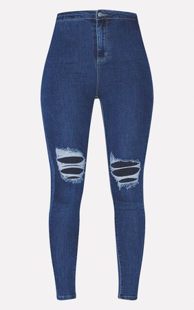 Plt Mid Blue Knee Rip 5 Pocket Skinny Jean | PrettyLittleThing