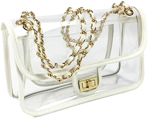 Amazon.com | Womens Transparent Bag Small Clear PVC Purse Flap Chains Handbag with Turn Lock (White Trim) | Luggage & Travel Gear