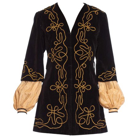 1900s Antique Black Cotton Velvet Medieval Theatrical Costume Jacket With Gold For Sale at 1stDibs