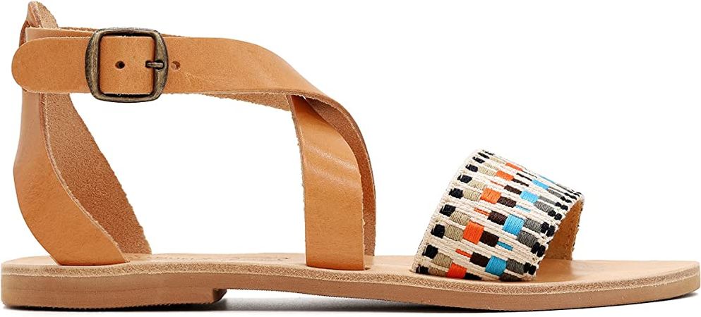 Amazon.com | Size 10 Emmanuela Greek Cotton and Polyester Embroided Buckle Cuff Sandals, Quality Handmade Ethnic Ankle Cuff Summer Shoes with Adjustable Buckle, Boho Chic Flat Sliders, Hippie and Tribal Mules | Flats