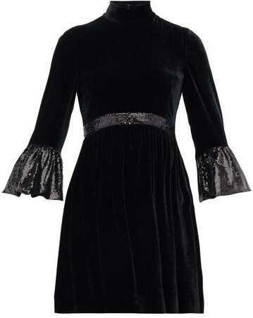 Sequinned Cuff Velvet Mini Dress - Womens - Black