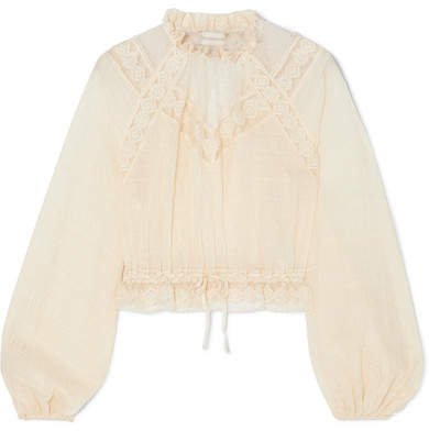 Sabotage Crocheted Lace-trimmed Seersucker Blouse - Ivory