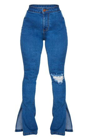Shape Mid Blue Wash Distressed Knee Flared Jeans | PrettyLittleThing USA