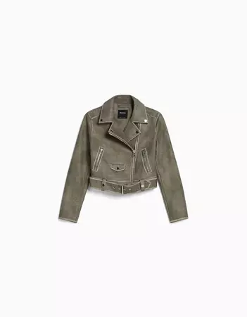 Faded faux leather biker jacket with belt - Best sellers - Woman | Bershka