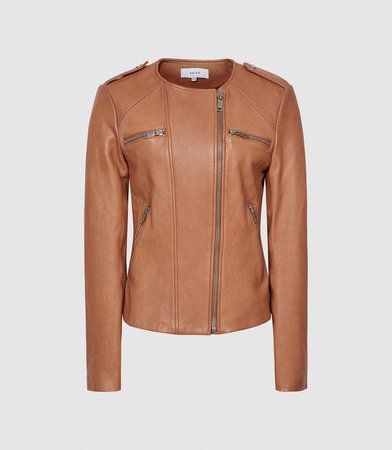 Ossie Tan Leather Collarless Biker Jacket – REISS