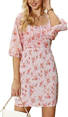 Amazon.com: Chriselda Womens Floral Dress Square Neck Bodycon Mini Dress Puff Long Sleeve Cocktail Wedding Party Short Dresses : Clothing, Shoes & Jewelry