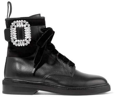 Viv Rangers Crystal-embellished Paneled Leather And Suede Ankle Boots - Black