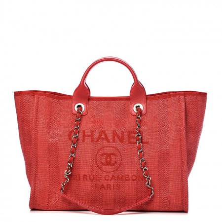 CHANEL Mixed Fibers Striped Large Deauville Tote Red 533095