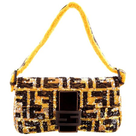 Piece Unique - Fendi FF Logo Sequin Baguette Handbag with Fur Trimming For Sale at 1stdibs