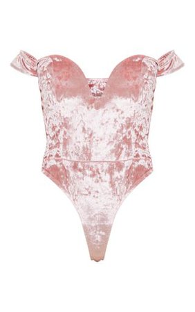 Pink Crushed Velvet V Wire Bardot Bodysuit