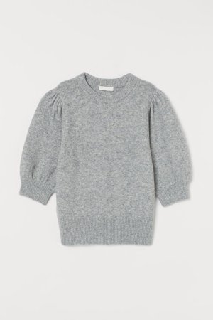 Puff-sleeved knitted jumper - Light grey marl - | H&M