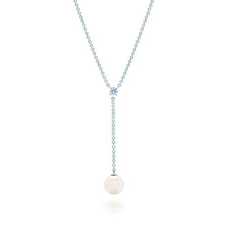 Tiffany Signature® Pearls drop pendant in white gold with a pearl and diamond. | Tiffany & Co.