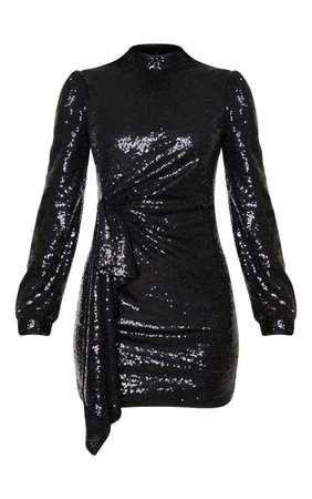 Black Sequin Balloon Sleeve Drape Bodycon Dress | PrettyLittleThing USA