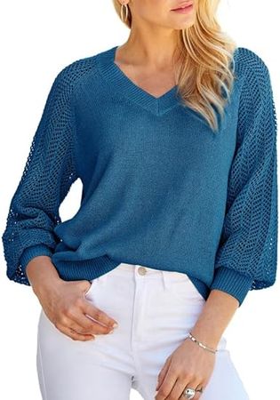 Dokotoo Women's Casual V-Neck Long Sleeve Sweaters Solid Color Pullover Knit Sweater Jumper Tops at Amazon Women’s Clothing store