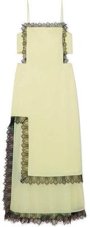 Lace-trimmed Cutout Satin Maxi Dress - Pastel yellow