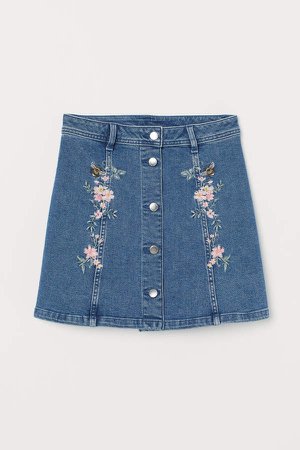 Denim Skirt with Embroidery - Blue