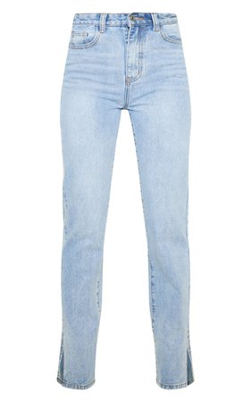 Light Blue Split Hem Washed Straight Leg Jeans | PrettyLittleThing CA