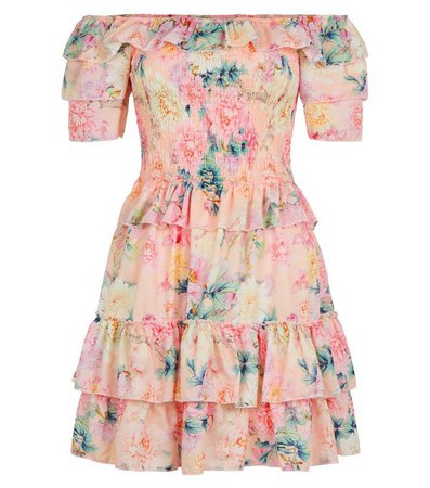 Parisian Pink Floral Shirred Tiered Dress | New Look