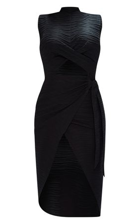 Black Textured Cross Waist Wrap Midi Dress | PrettyLittleThing USA
