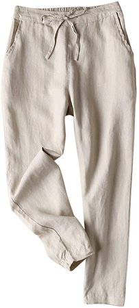 IXIMO Women's Tapered Pants 100% Linen Drawstring Back Elastic Waist Ankle Length Pants at Amazon Women’s Clothing store
