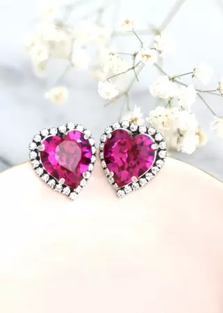 Heart Stud Earrings Fuchsia Pink Crystal Heart Earrings Pink - Etsy