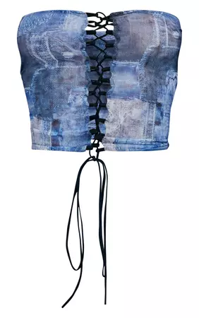 Blue Denim Print Mesh Lace Up Front Corset Top | PrettyLittleThing AUS