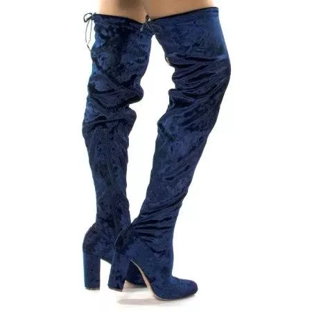 #Kenzy6 by Liliana, Black Block High Heel Over The Knee / Thigh High Boots, Back Top Tie, Women's, Size: 3, Blue