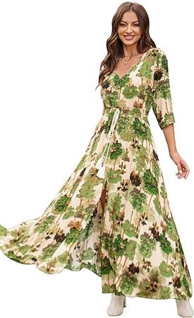 Summer Floral Print Maxi Dress Women Button Up Split Long Flowy Bohemian Beach Party Dresses at Amazon Women’s Clothing store
