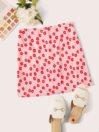 Pink/Red Floral Print Skirt