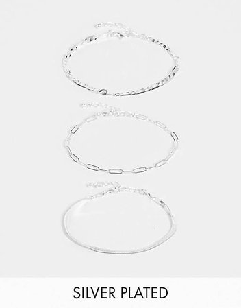 ASOS DESIGN pack of 3 silver plated fine bracelets in mixed chain in silver tone | ASOS