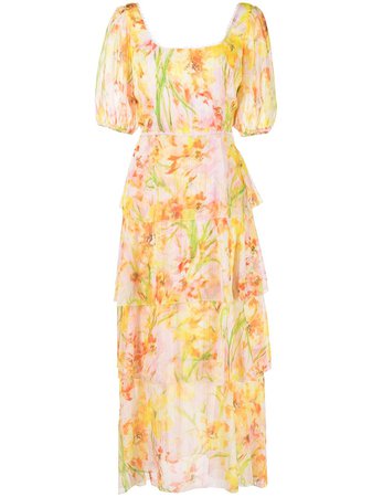 Marchesa Notte daffodil-print Tiered Dress - Farfetch