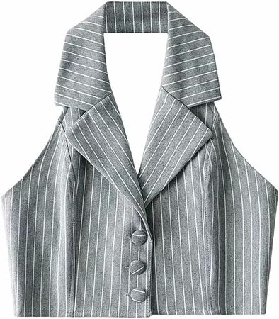 Jeovuanun Womens Pinstripe Button Down Halterneck Waistcoat Cropped Versatile Tuxedo Suit Vest at Amazon Women's Coats Shop