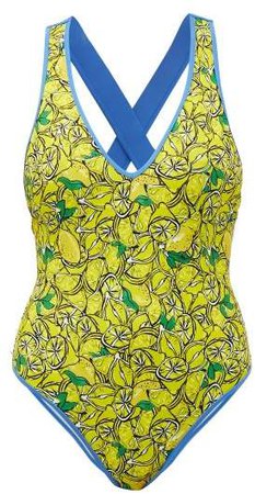 Katelyn Lemon Print Crossover Back Swimsuit - Womens - Yellow Multi
