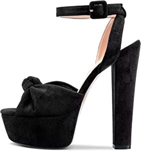 Amazon.com | Saekcted Women Chunky Block High Platform Heel Peep Open Toe Sandals Ankle Strap Bow-knot Cute Shoes Black 13 M US | Shoes