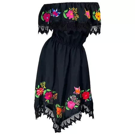 1970s Boho Chic Black Colorful Cotton Embroidered Handkerchief Hem Vintage Dress For Sale at 1stDibs | colorful cotton dresses, boho chic black dress, boho handkerchief dress
