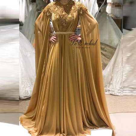 Luxury Beads Evening Dresses Champagne Gold Arabic Party Gowns Womens Robe abaya Dubai Lebanon Long Cape Formal Dress-in $253.50