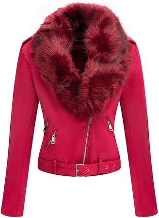 Amazon.com: Bellivera Women's Faux Suede Short Jacket, Moto Jacket with Detachable Faux Fur Collar Red X-Large: Clothing