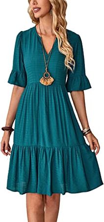 WDIRARA Women's Floral Print Puff Short Sleeve Ruffle Hem A Line Midi Dress Teal Blue M at Amazon Women’s Clothing store