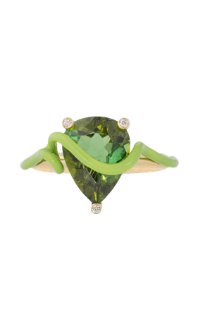 Bea Bongiasca - 18k Yellow Gold Hermione Ring with Green Tourmaline and Light Green Enamel