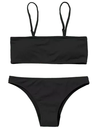 Ribbed Texture Bandeau Bikini Set BLACK: Bikinis L | ZAFUL