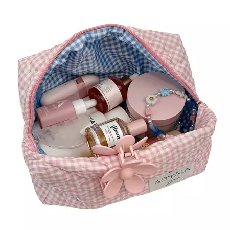 Aurora | Pink + Blue Gingham Quilted Bag | Make Up Bag | Skincare Bag