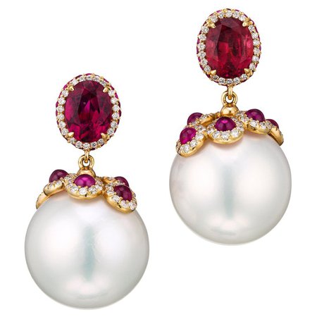 Pearl and Red Tourmaline Earrings in 18 Karat Rose Gold For Sale at 1stdibs