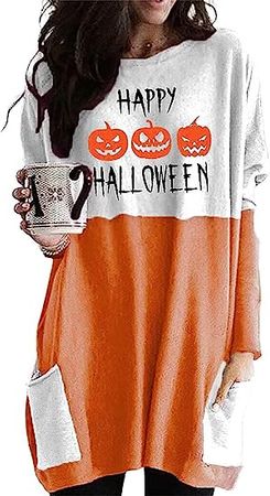 Novelty Patchwork Pluse Size Halloween Shirts for Women, Casual Loose Style Long Sleeve Shirt Tops at Amazon Women’s Clothing store