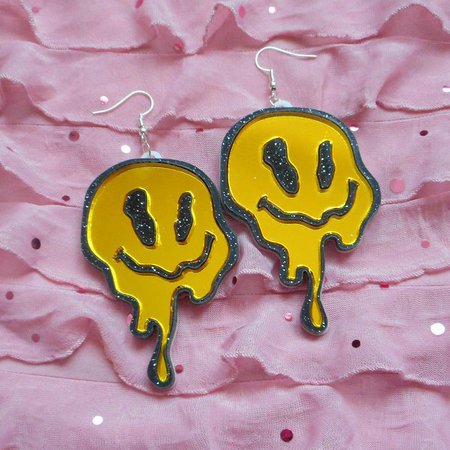 Drippy 90s Smiley Face Earrings Black Glitter and Mirror | Etsy