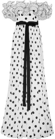 Ruffled Off-the-shoulder Polka-dot Silk Crepe De Chine Gown - White